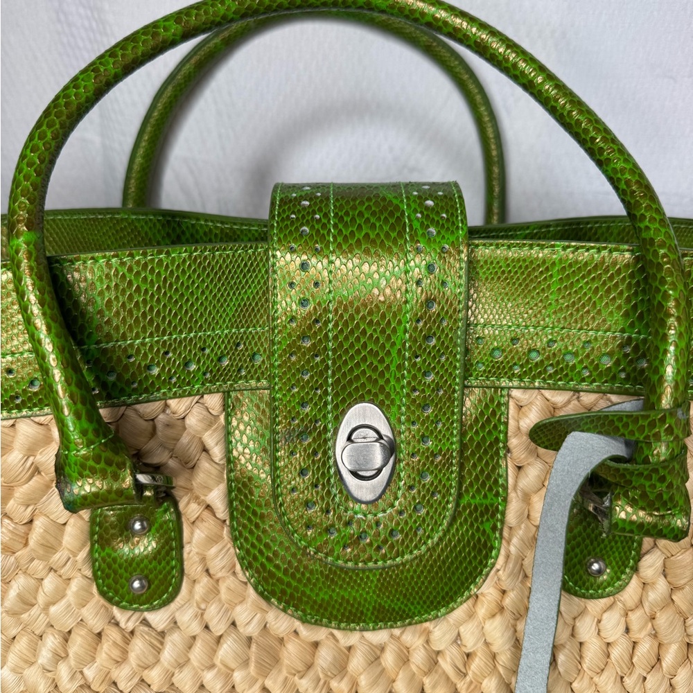Large  Green and Tan Wicker Straw Rattan  Tote Bag Tagged Magnolia Zurich - Picture 2 of 10